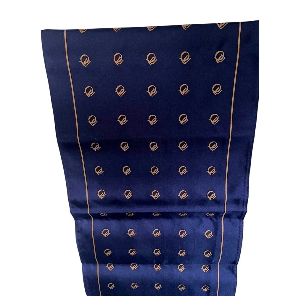 Vtg Designer 100% Silk Scarf Navy Gold Monogrammed Pocket Square Mens Accessory